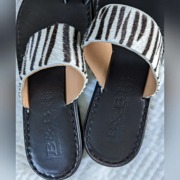 B&B Greek Sandals Black Leather Zebra Toe Loop Sandals 42 EU / 10.5 - 11 US - Picture 2 of 10